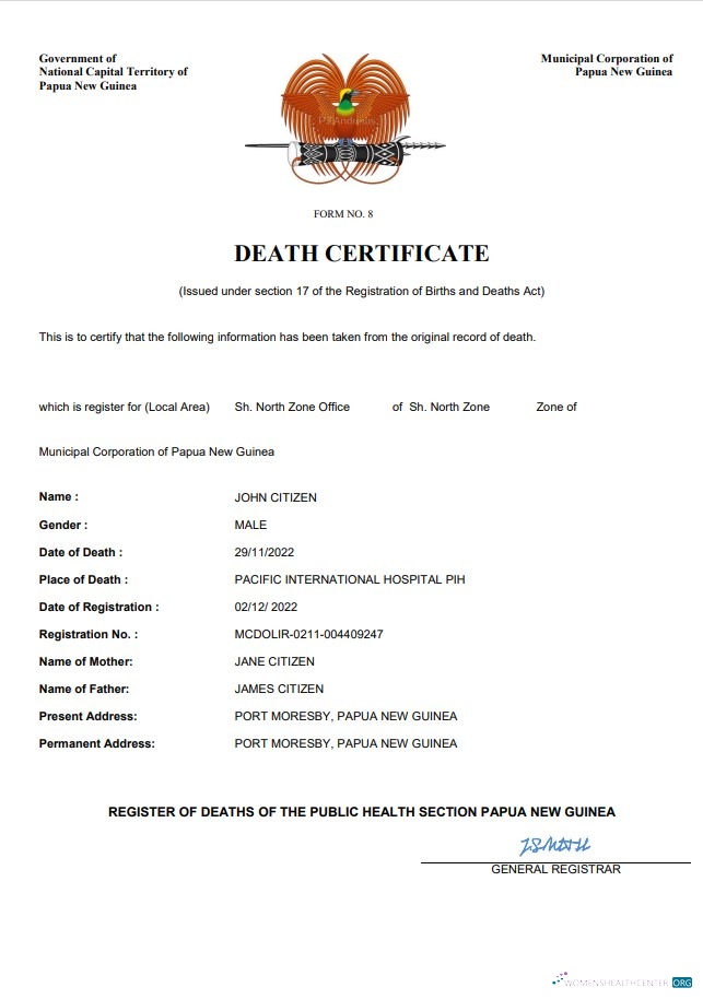 Download Papua New Guinea vital record death certificate Word and PDF template Photoshop template